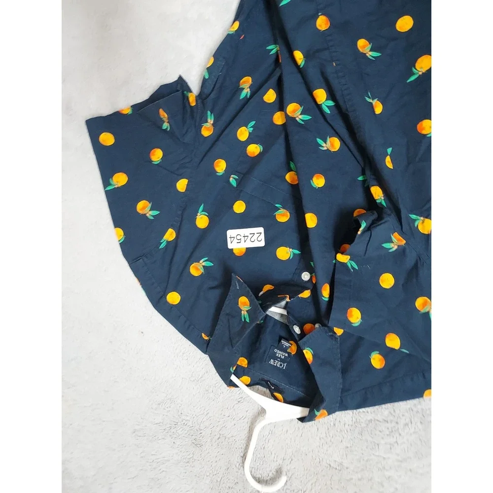 J Crew Shirt Mens Large Slim Flex Washed Short Sleeve Orange Fruit Novelty Print